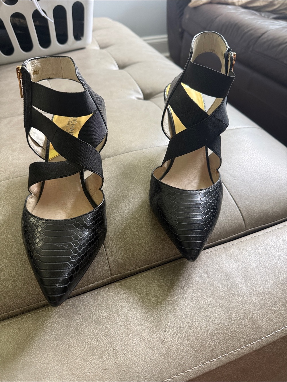 Michael Kors Black Textured Pointed-Toe Strappy Heels